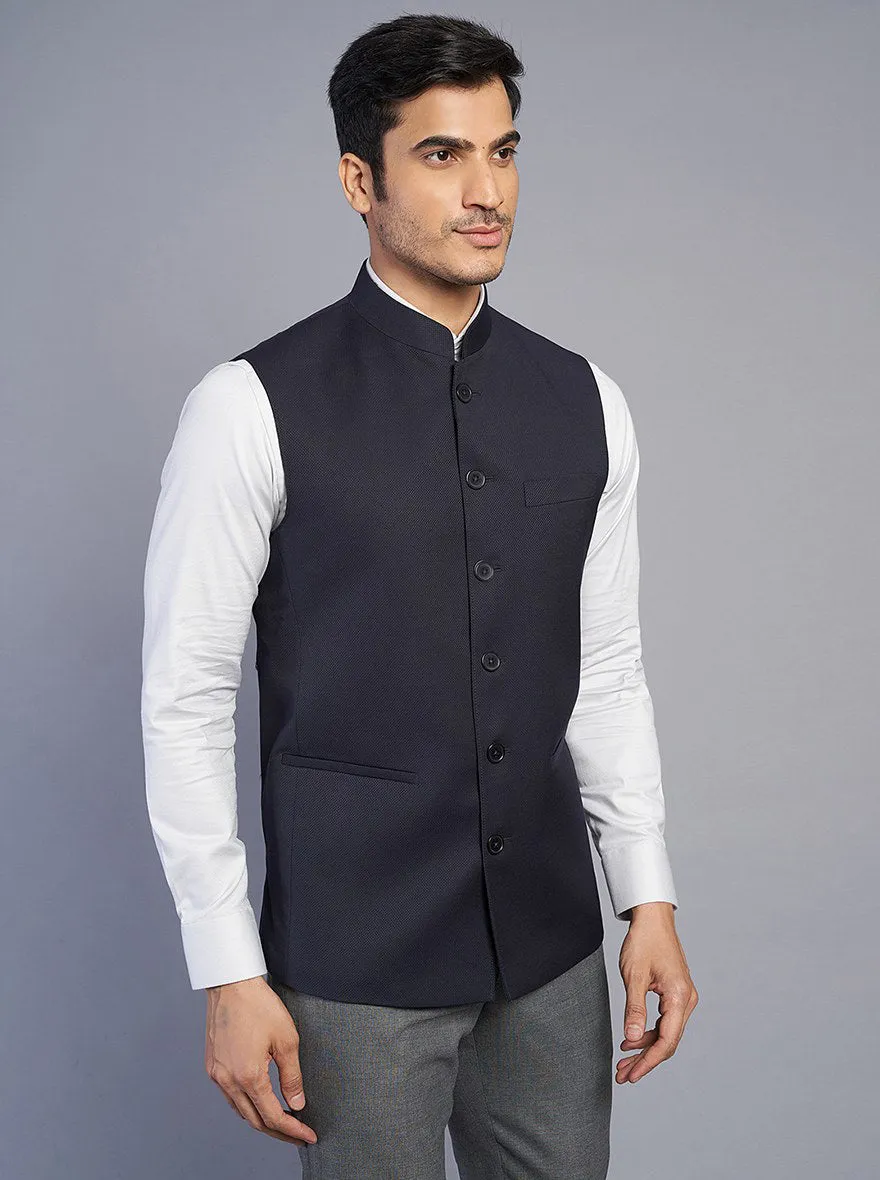 Navy Blue Textured Regular Fit Modi Jacket | JadeBlue