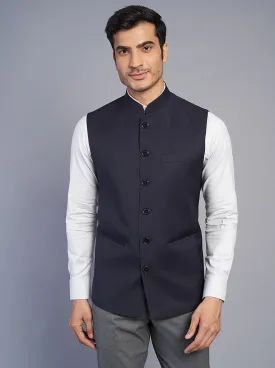 Navy Blue Textured Regular Fit Modi Jacket | JadeBlue