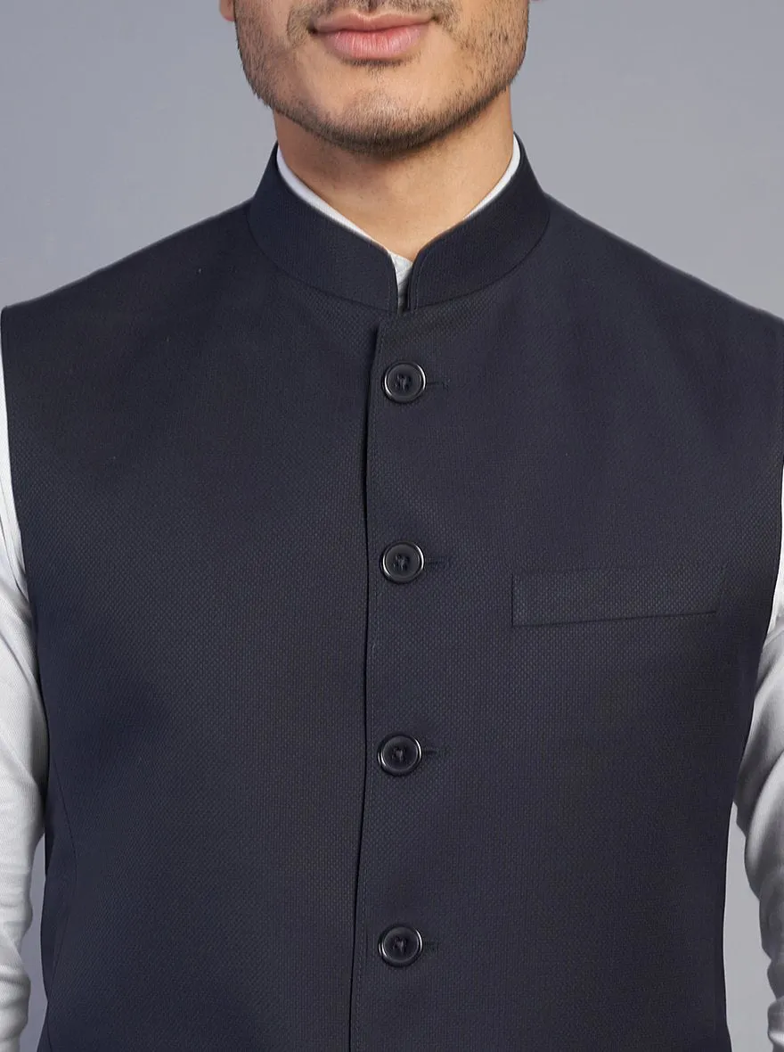 Navy Blue Textured Regular Fit Modi Jacket | JadeBlue