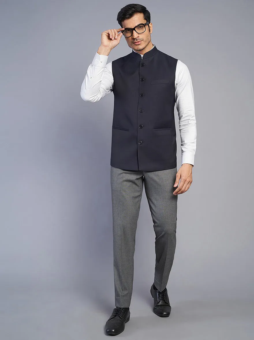 Navy Blue Textured Regular Fit Modi Jacket | JadeBlue