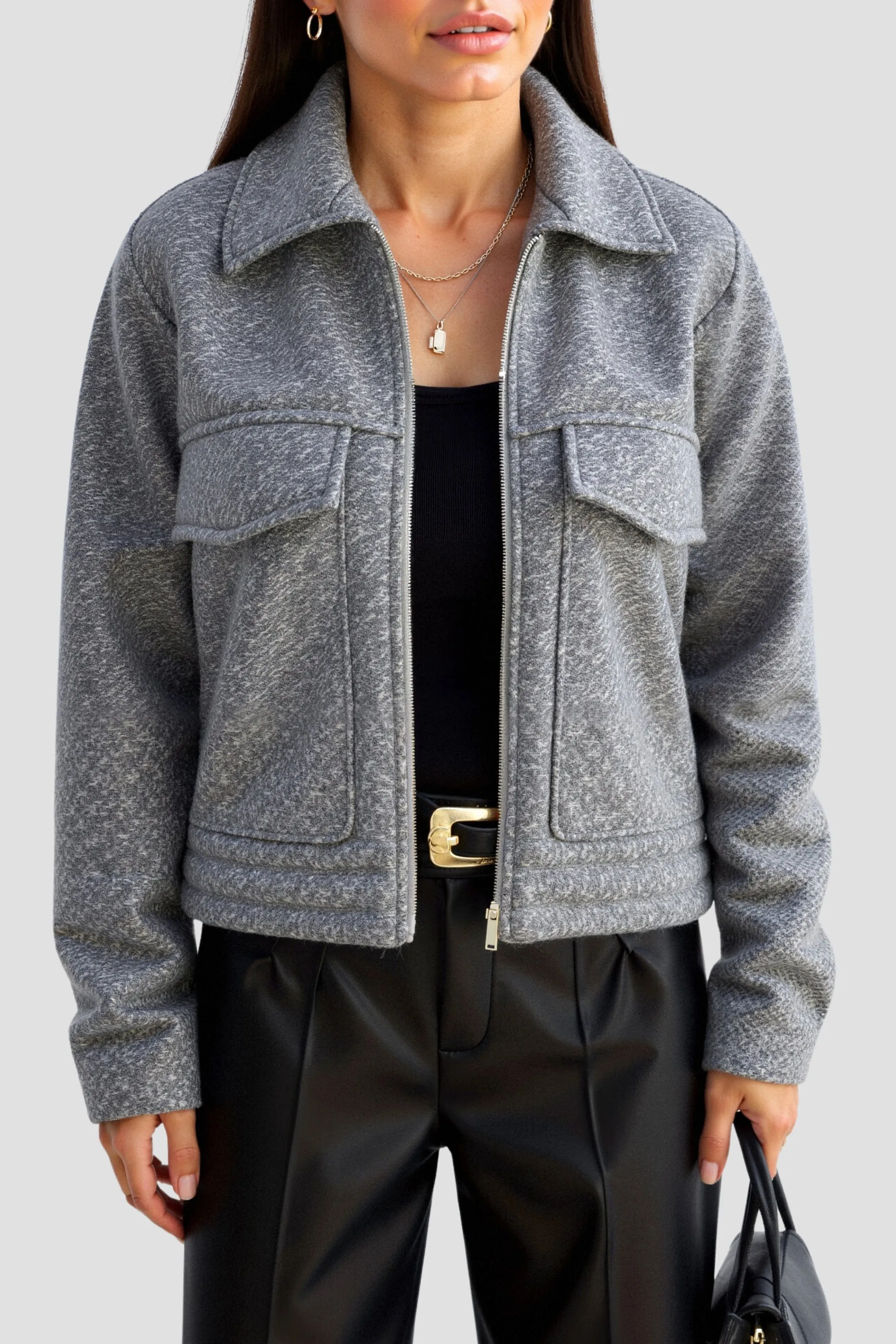 Old Money Elegant Plain Color Zip Up Tweed Jacket