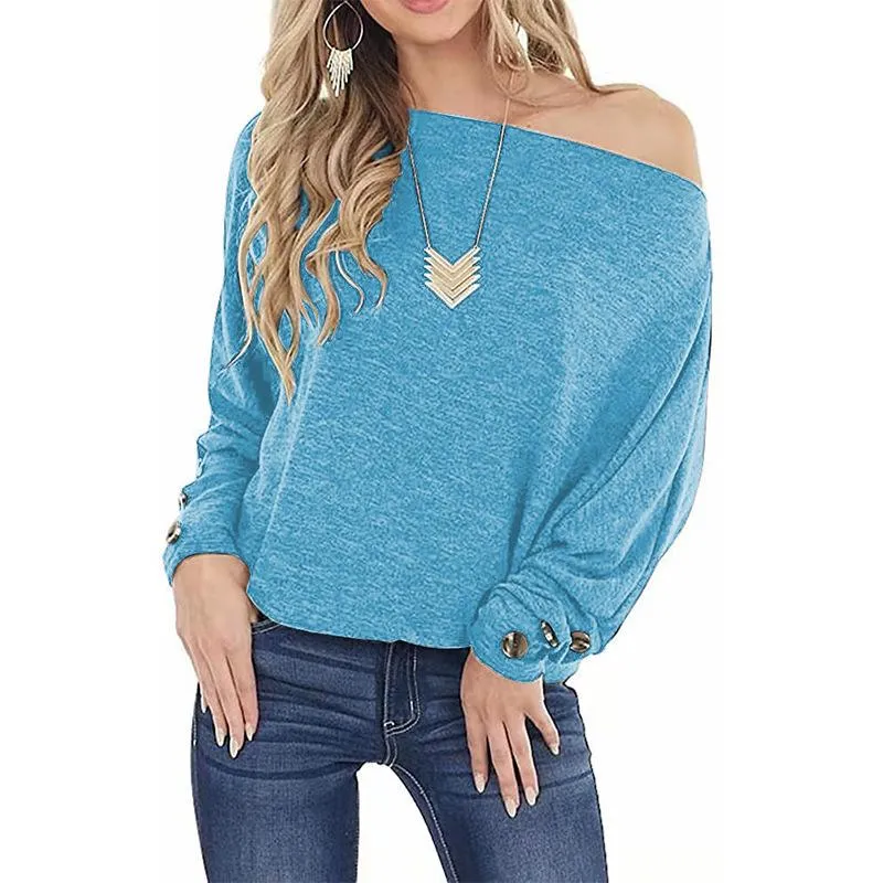 One-line off-shoulder solid color button loose long-sleeved T-shirt top