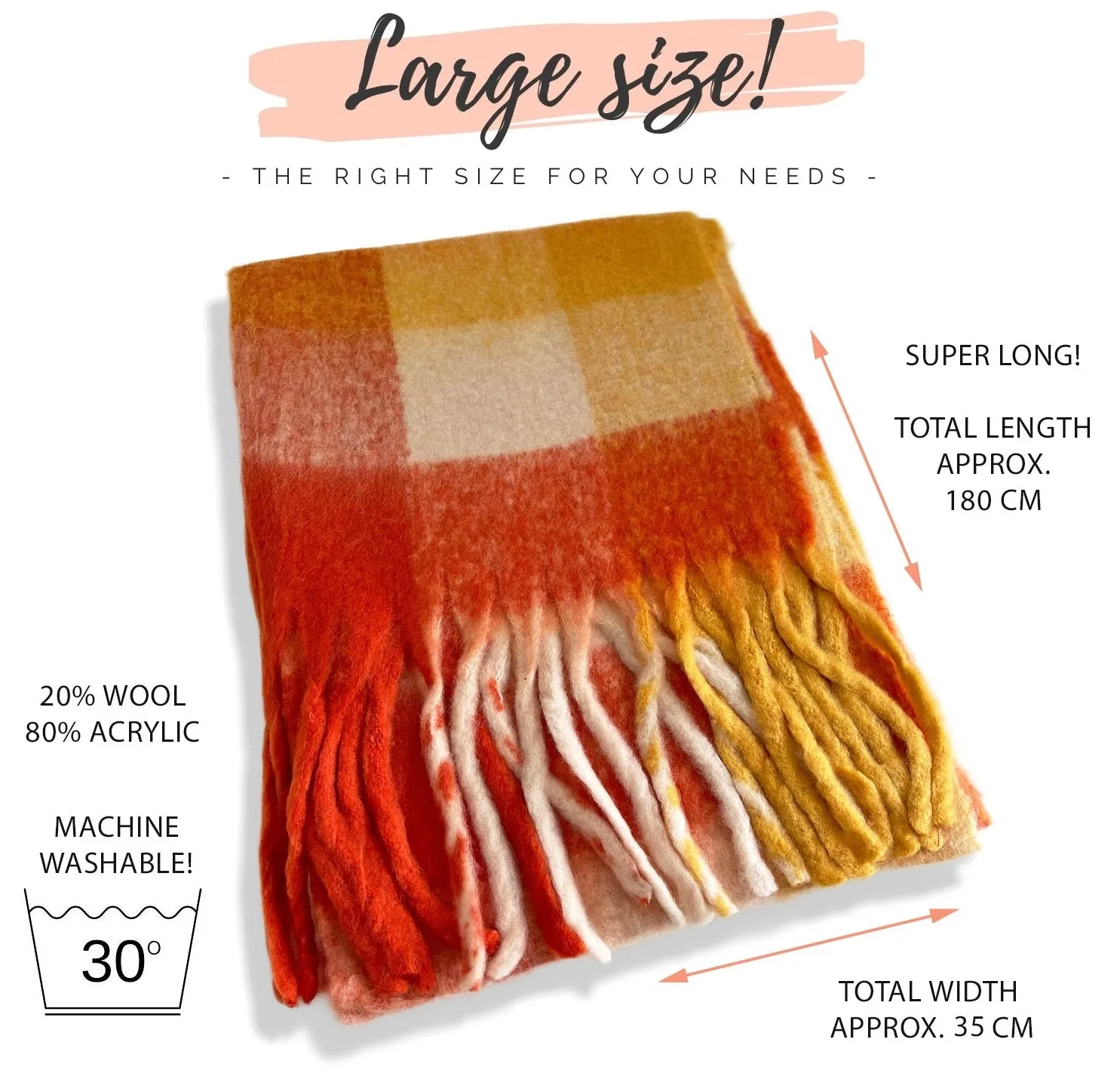 ORANGE CHECKED WOOL RAINBOW BLANKET SCARF OVERSIZED WINTER SHAWL WRAP