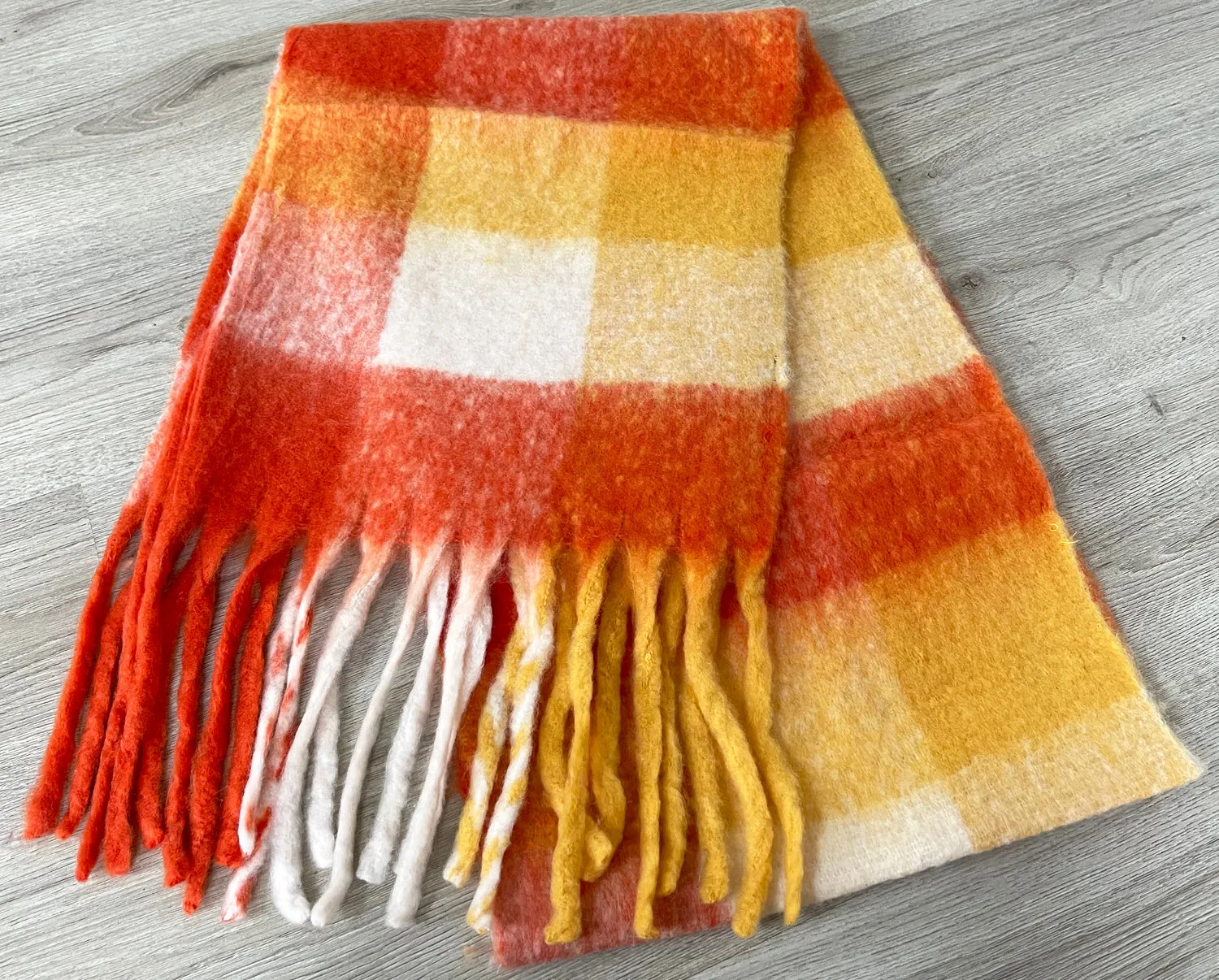 ORANGE CHECKED WOOL RAINBOW BLANKET SCARF OVERSIZED WINTER SHAWL WRAP