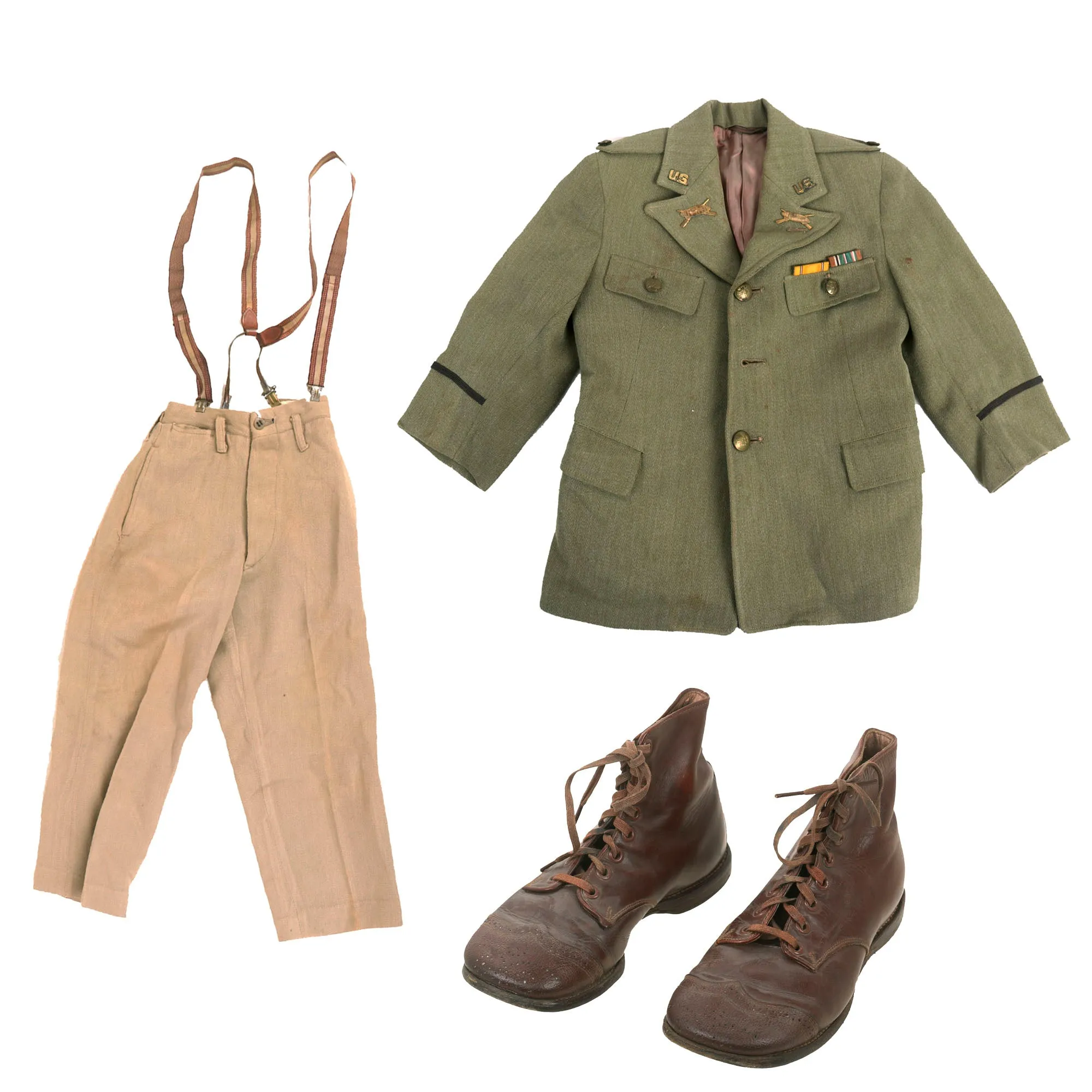 Original U.S. WWII Era Tank Corps Children’s Class-A Uniform Set With Trousers and Boots - Ribbons