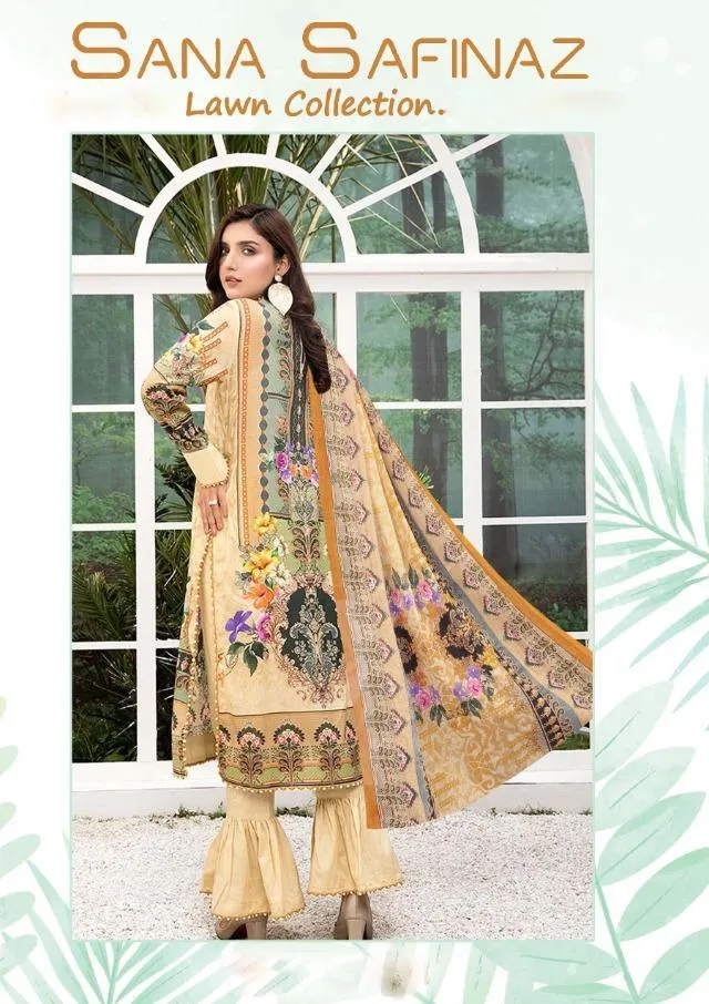 Pakistani Style Lawn Fabric Yellow Printed Suits Material for women