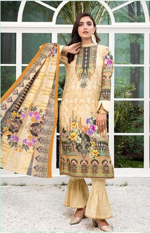 Pakistani Style Lawn Fabric Yellow Printed Suits Material for women