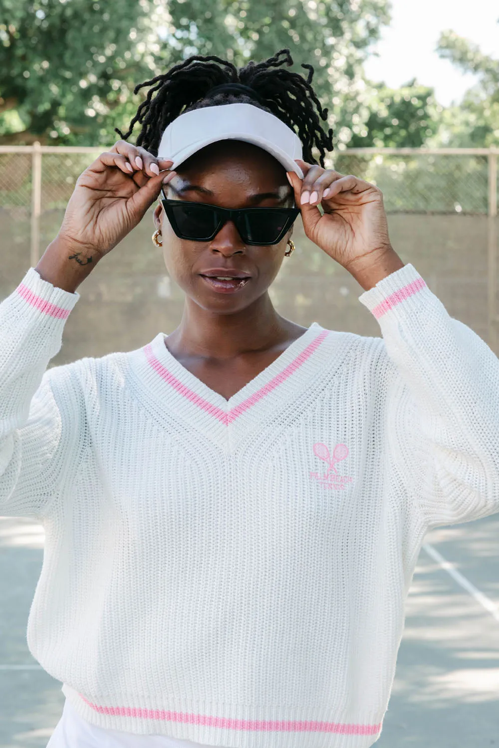 Palm Beach Tennis V-Neck Sweater - Ivory & Pink