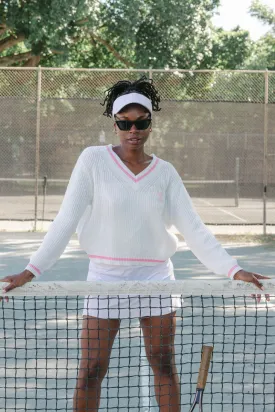 Palm Beach Tennis V-Neck Sweater - Ivory & Pink