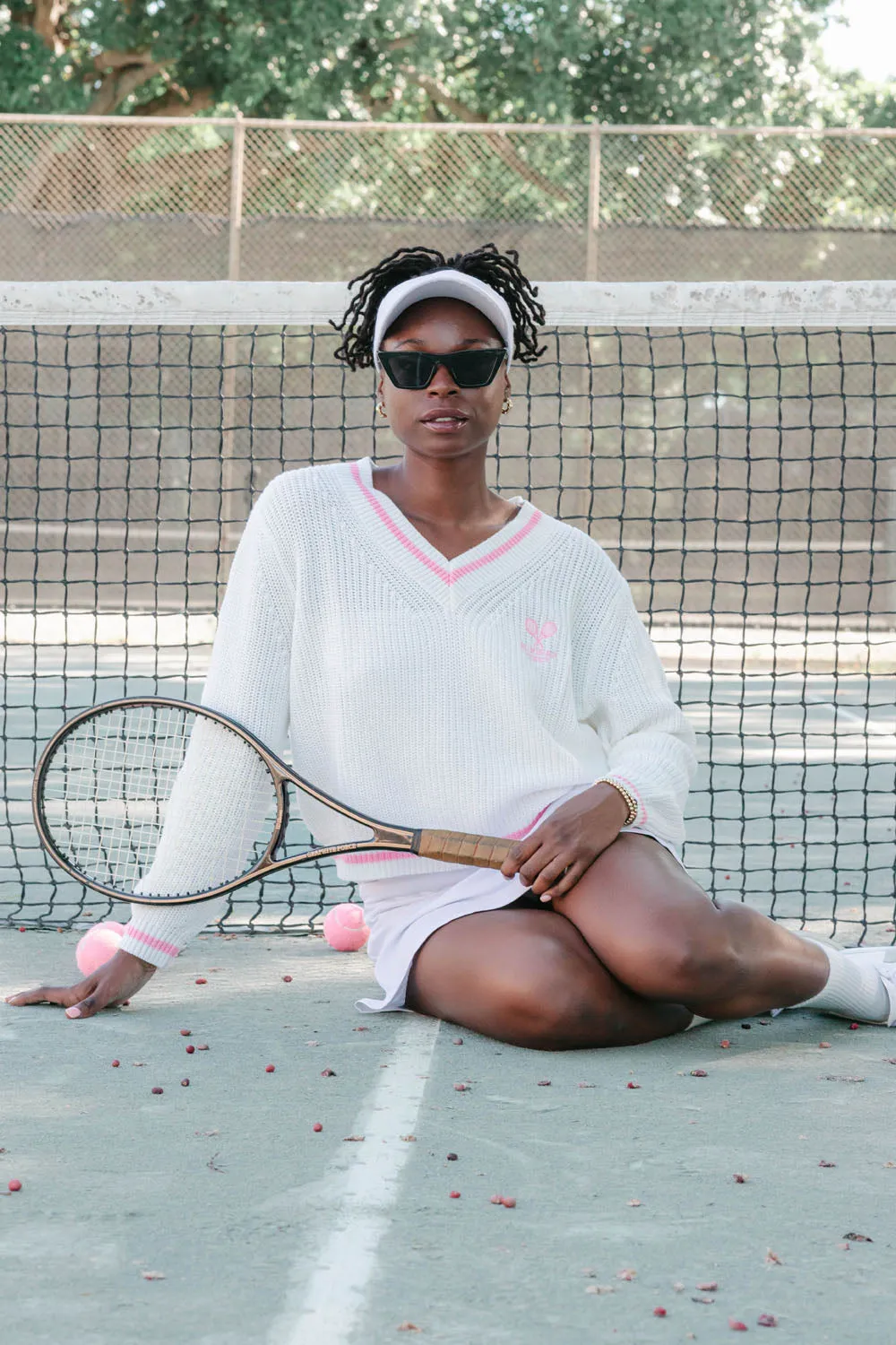 Palm Beach Tennis V-Neck Sweater - Ivory & Pink