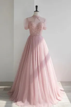 Pink Tulle Beading Long Prom Dresses Lovely A-Line Evening Party Dresses