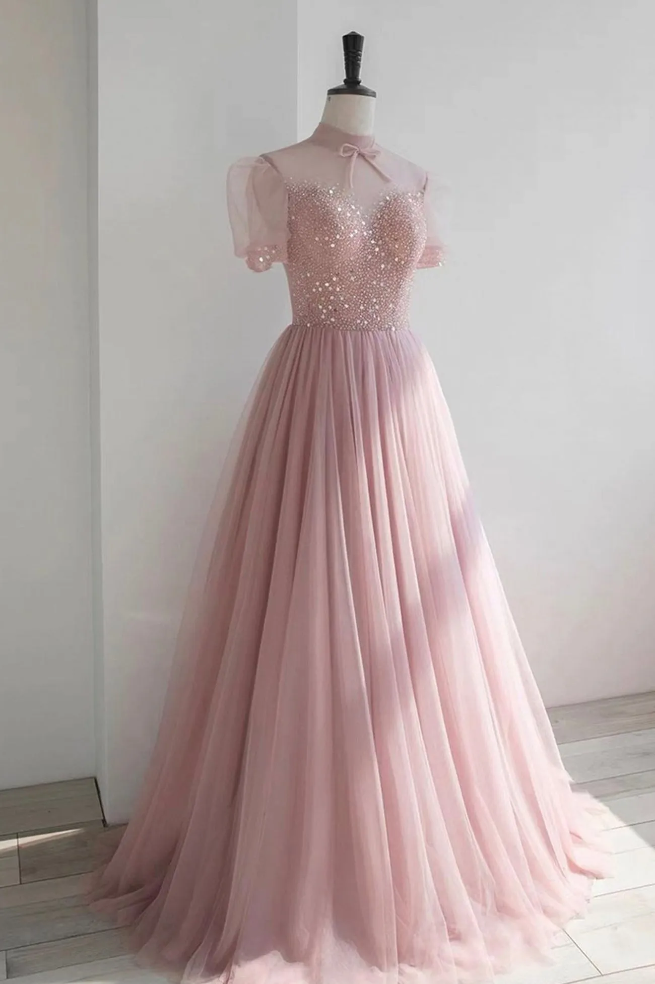 Pink Tulle Beading Long Prom Dresses Lovely A-Line Evening Party Dresses