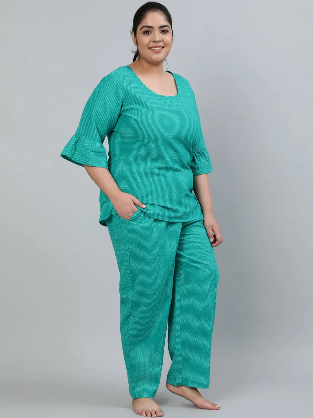 Plus Size Women Green Printed Night Suit With Half Sleeves