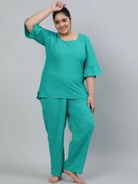 Plus Size Women Green Printed Night Suit With Half Sleeves