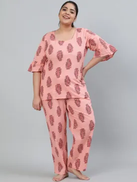 Plus Size Women Pink Printed Night Suit With Half Sleeves