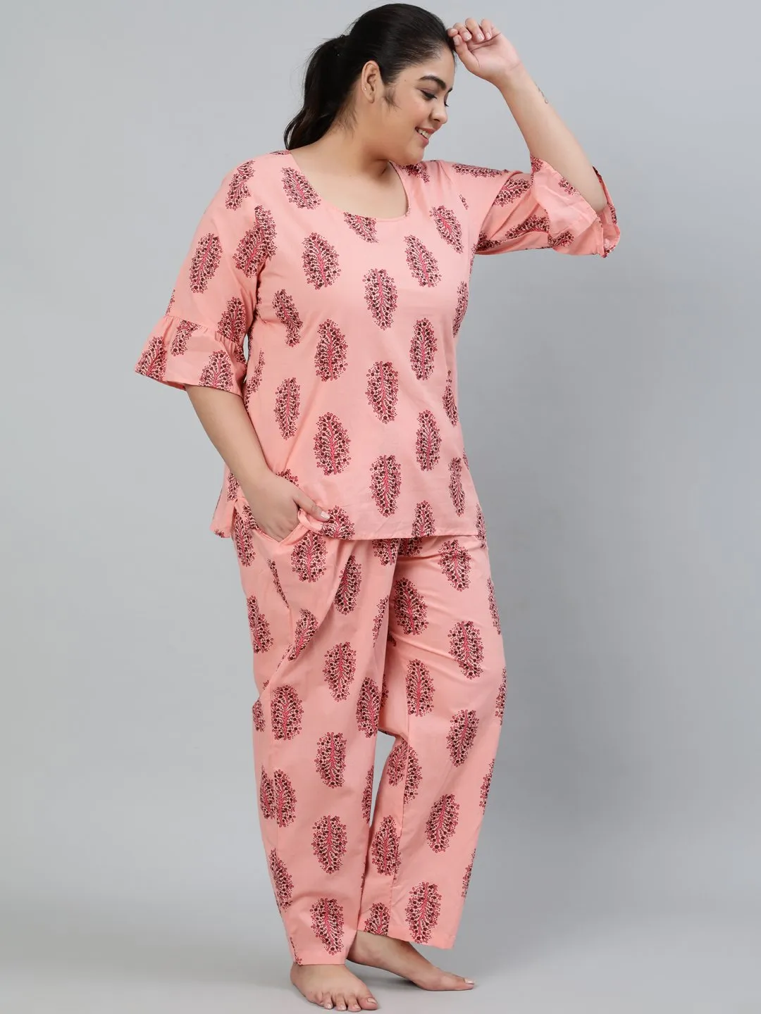 Plus Size Women Pink Printed Night Suit With Half Sleeves