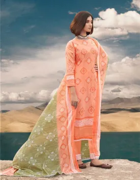 Pure Cotton Orange Unstitched Printed Suit Material