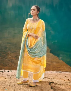 Pure Cotton Yellow Unstitched Printed Suit Material