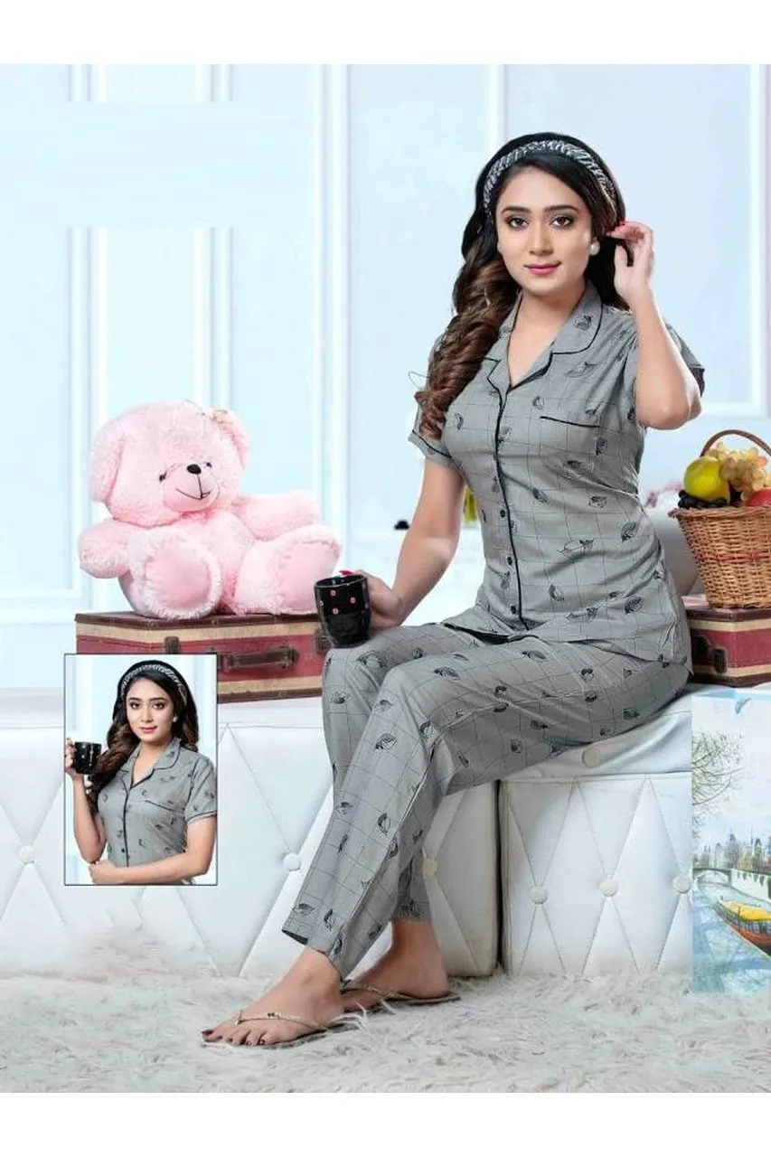 Rayon Collar Women Grey Night Suit