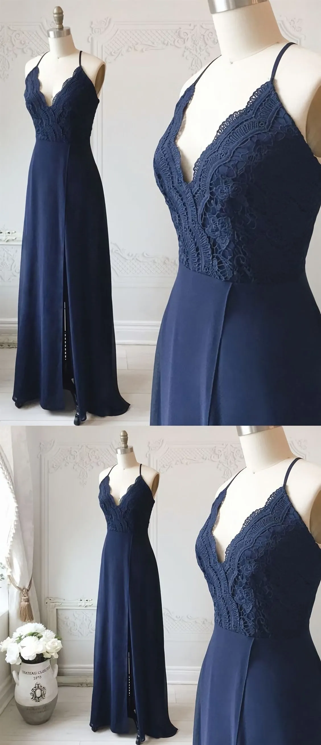 Spaghetti Straps Floor Length Navy Blue Lace Prom Dresses Navy Blue Lace Formal Evening Bridesmaid Dresses