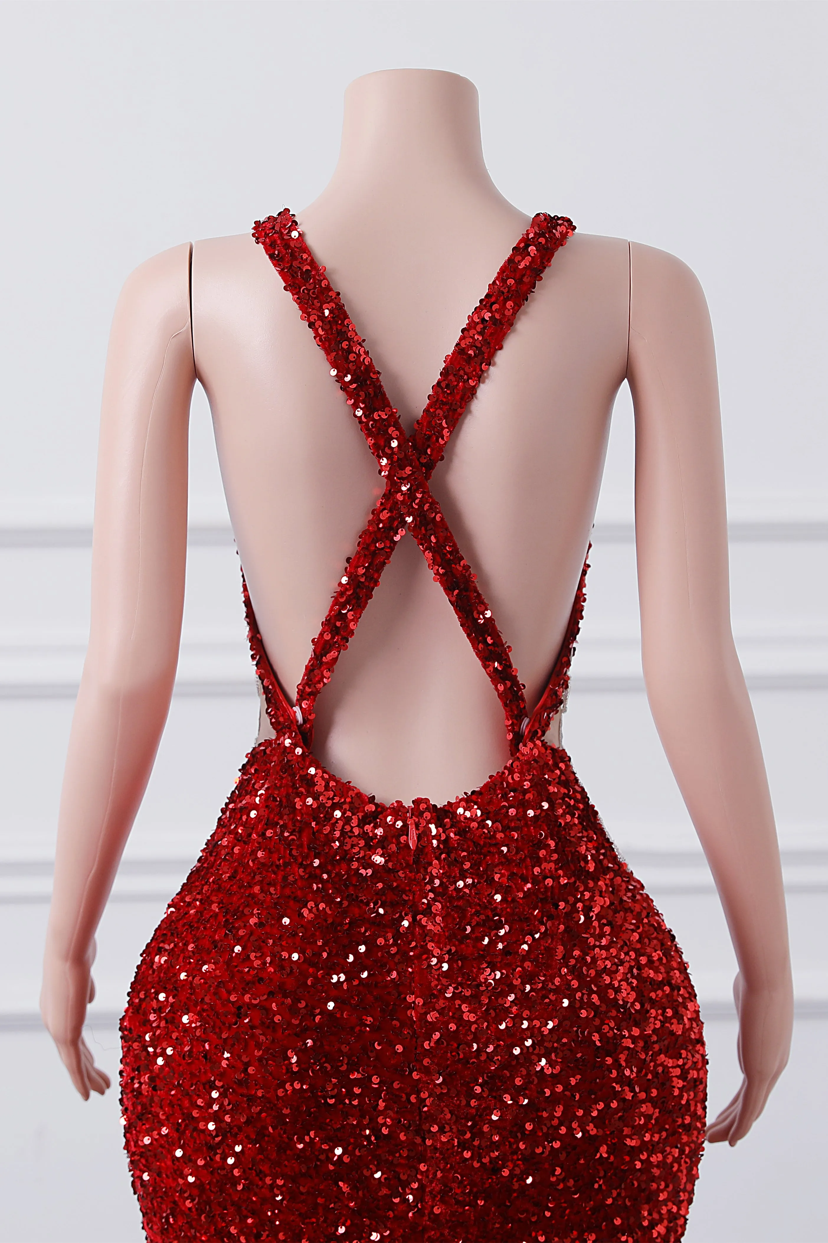 Straps Red Beading Sequin Prom Dresses Mermaid Long Party Dresses