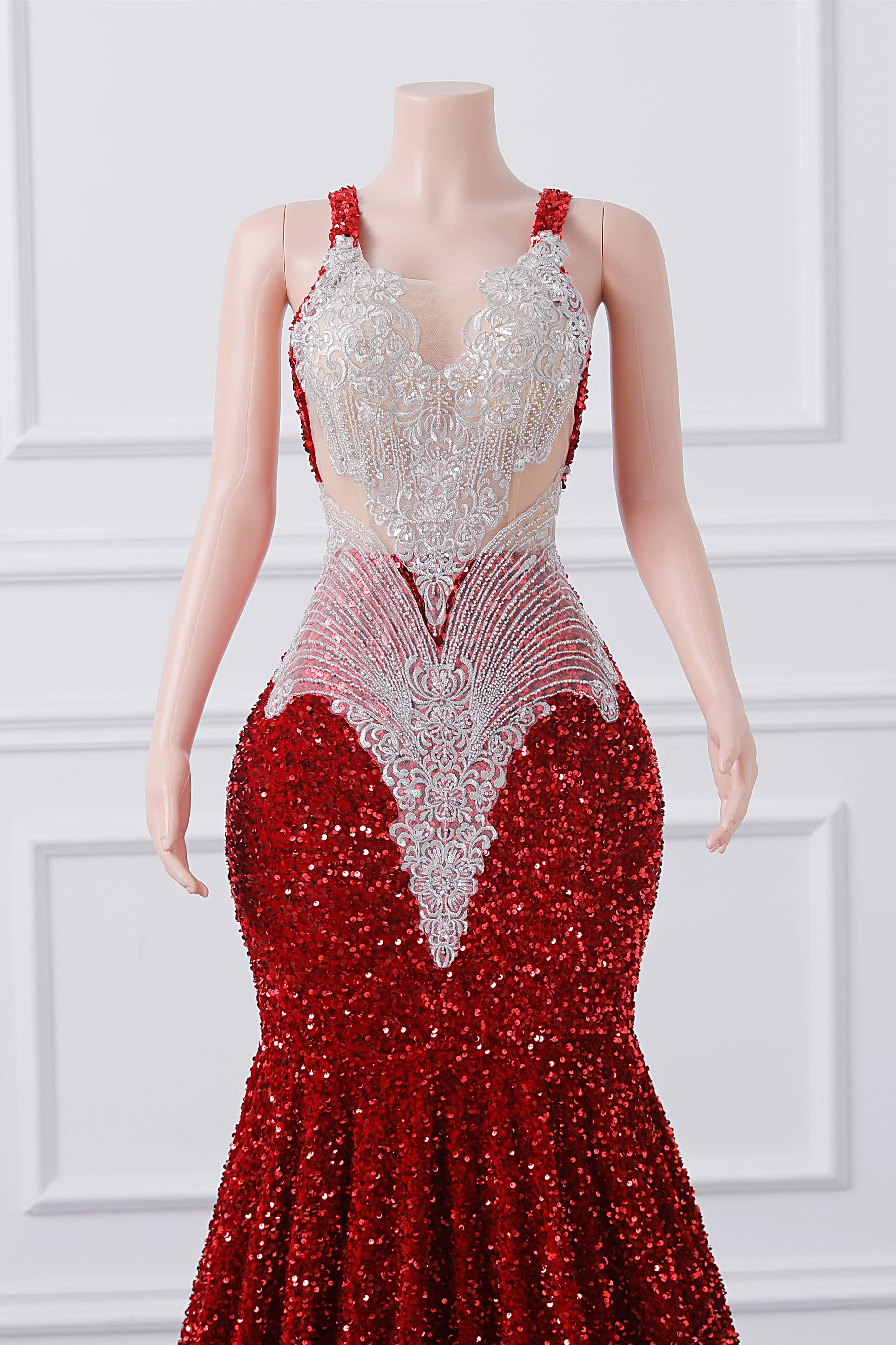 Straps Red Beading Sequin Prom Dresses Mermaid Long Party Dresses