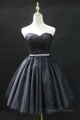 Sweetheart Neck Strapless Black Short Prom Dresses Open Back Black Homecoming Dresses Black Formal Evening Dresses