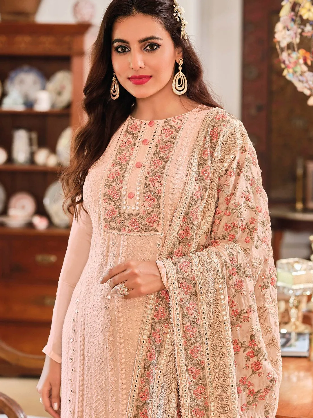 Unstitched Chinon Pink Pakistani Salwar Suit Set With Embroidery Work