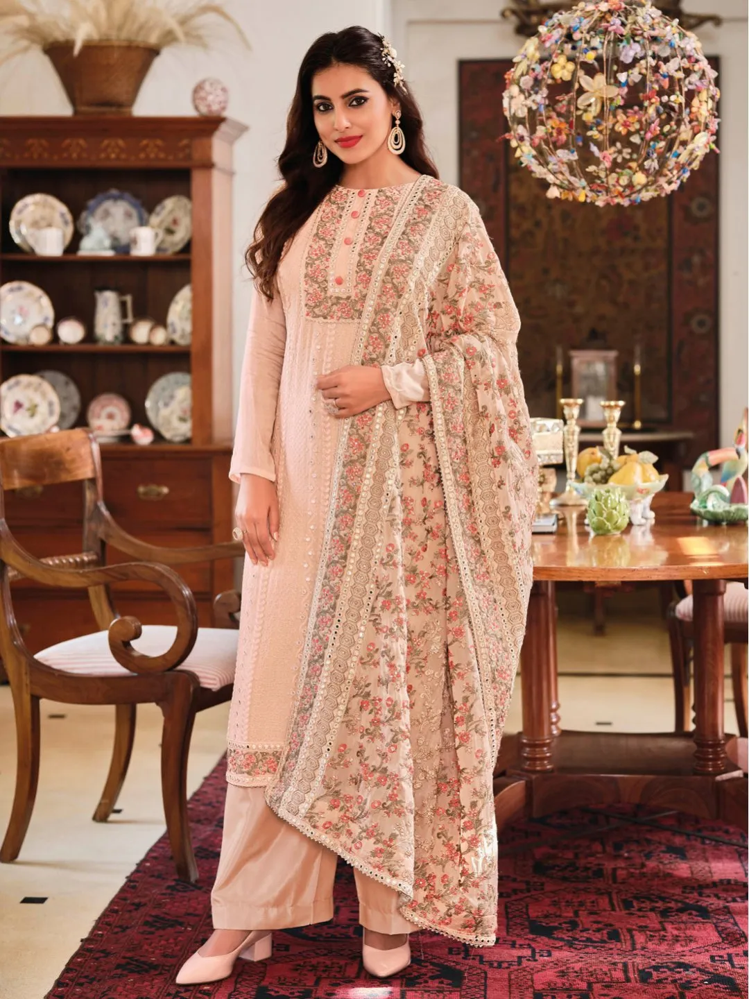 Unstitched Chinon Pink Pakistani Salwar Suit Set With Embroidery Work