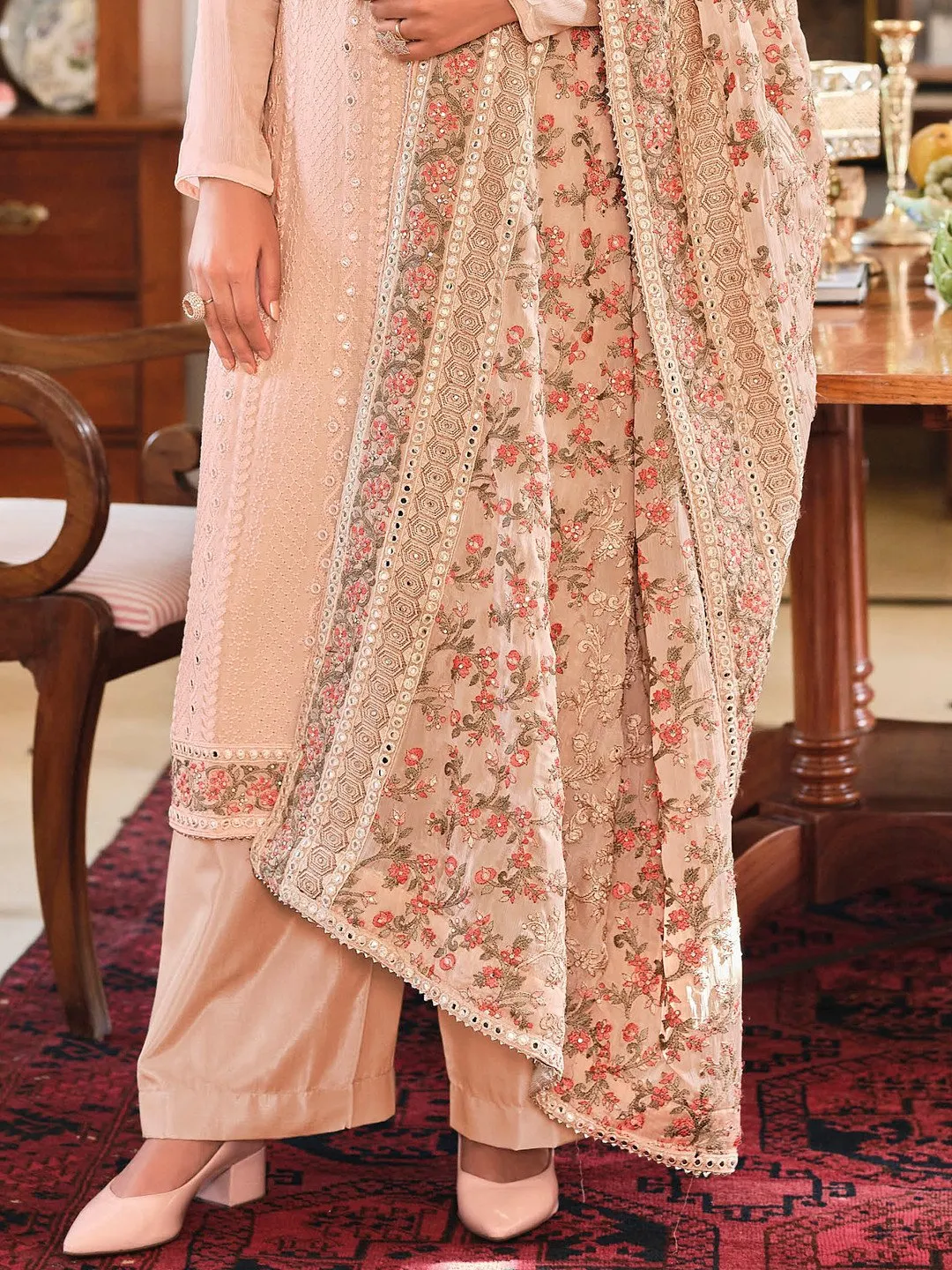 Unstitched Chinon Pink Pakistani Salwar Suit Set With Embroidery Work