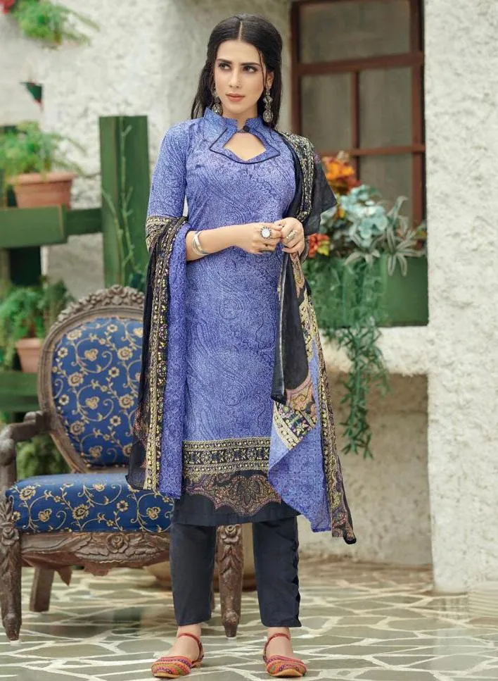 Unstitched Lawn Cotton Pakistani Blue Suit Dress material