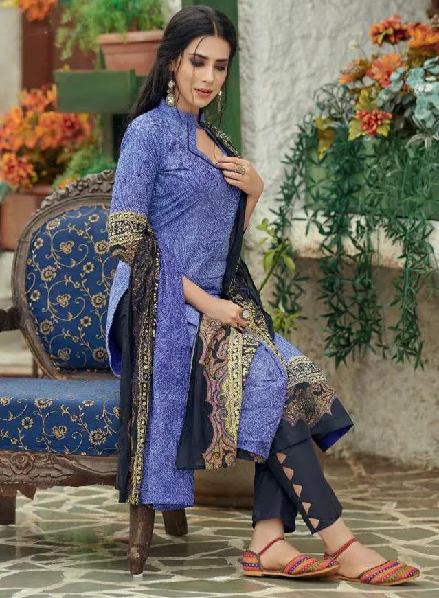 Unstitched Lawn Cotton Pakistani Blue Suit Dress material