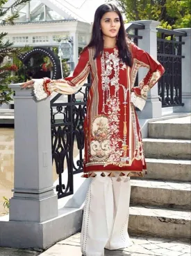 Unstitched Lawn Cotton Red Printed Pakistani Style suits