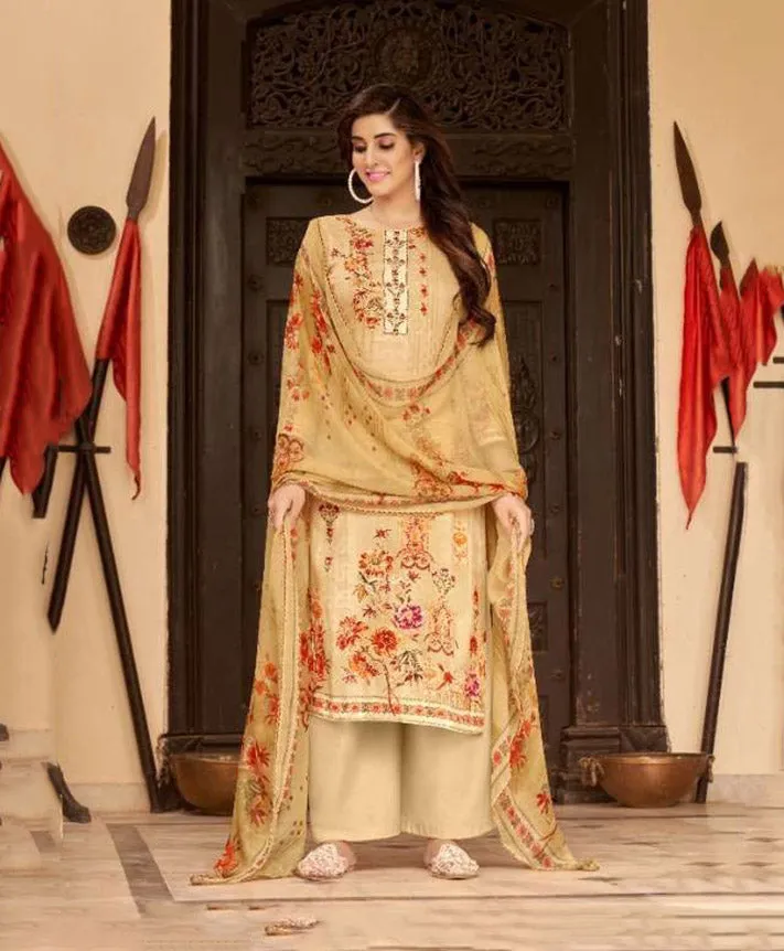 Unstitched Punjabi Ladies cotton Salwar Suit Fabric With Beige Dupatta