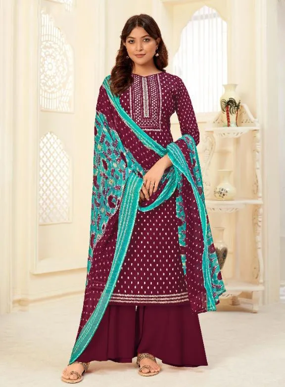 Unstitched Woman Maroon Salwar Suits Material with Chiffon Dupatta