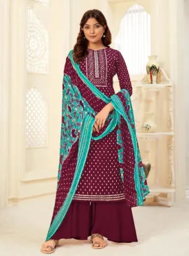 Unstitched Woman Maroon Salwar Suits Material with Chiffon Dupatta