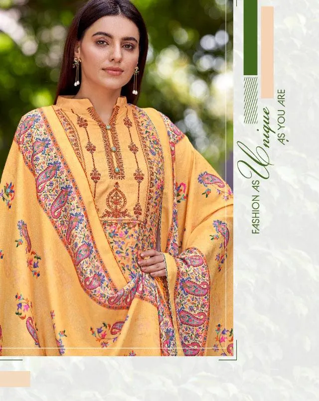 Unstitched Wool Pashmina Yellow Winter Suits Set For Ladies