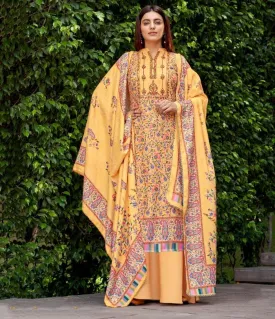 Unstitched Wool Pashmina Yellow Winter Suits Set For Ladies