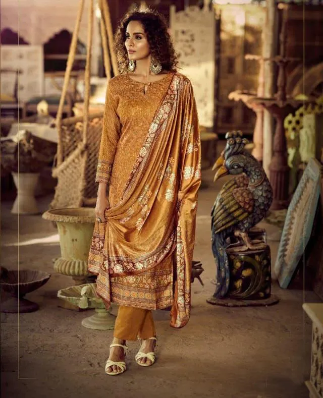 Unstitched Yellow Pashmina Dress Material Winter Wear Suits With Velvet Dupatta