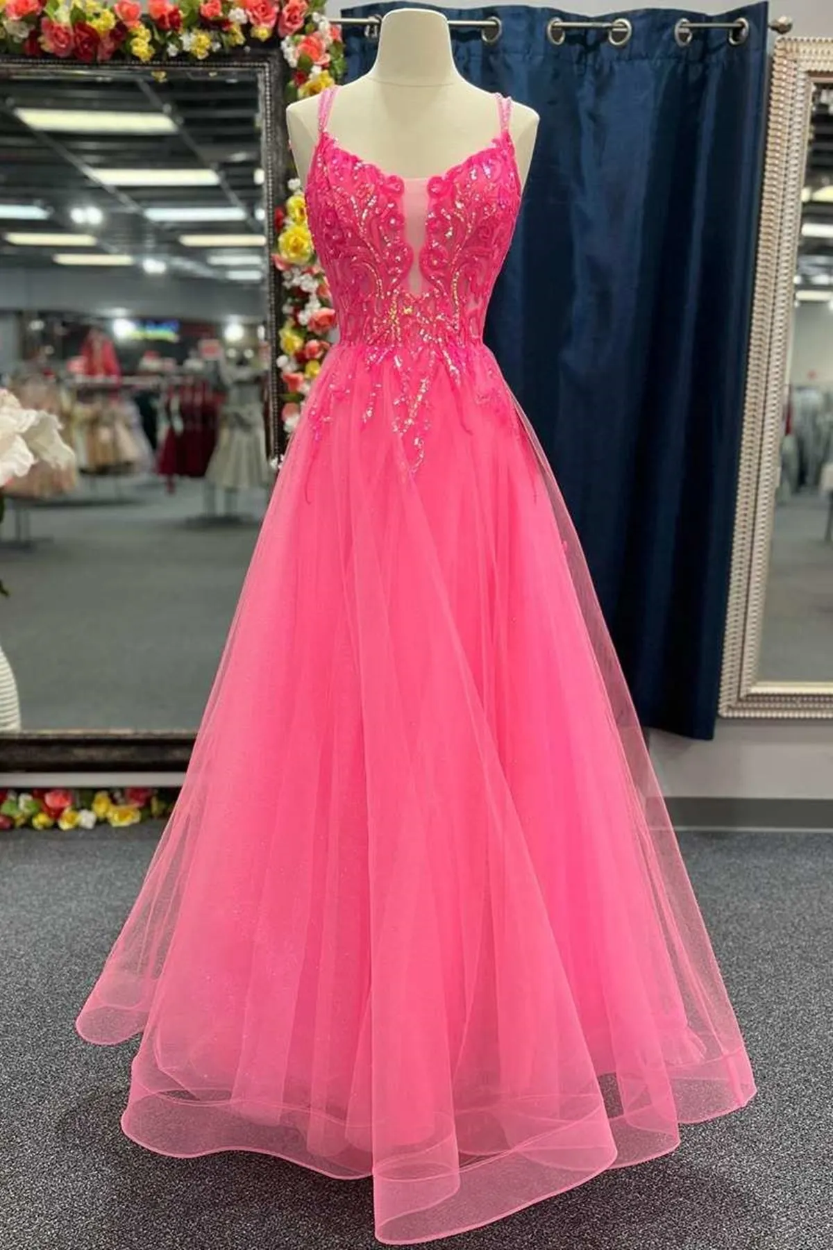 V Neck Hot Pink Backless Lace Prom Dresses, Open Back Hot Pink Lace Formal Evening Dresses