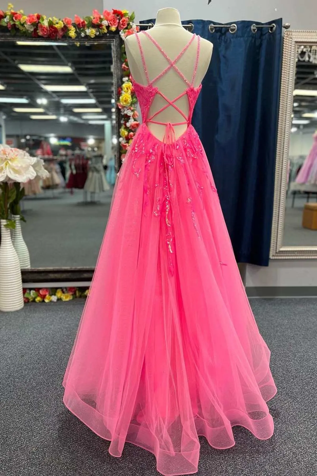 V Neck Hot Pink Backless Lace Prom Dresses, Open Back Hot Pink Lace Formal Evening Dresses