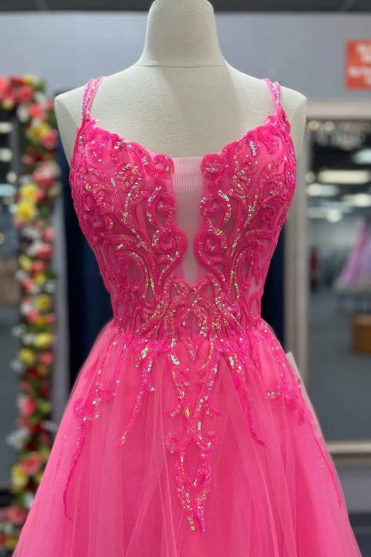 V Neck Hot Pink Backless Lace Prom Dresses, Open Back Hot Pink Lace Formal Evening Dresses