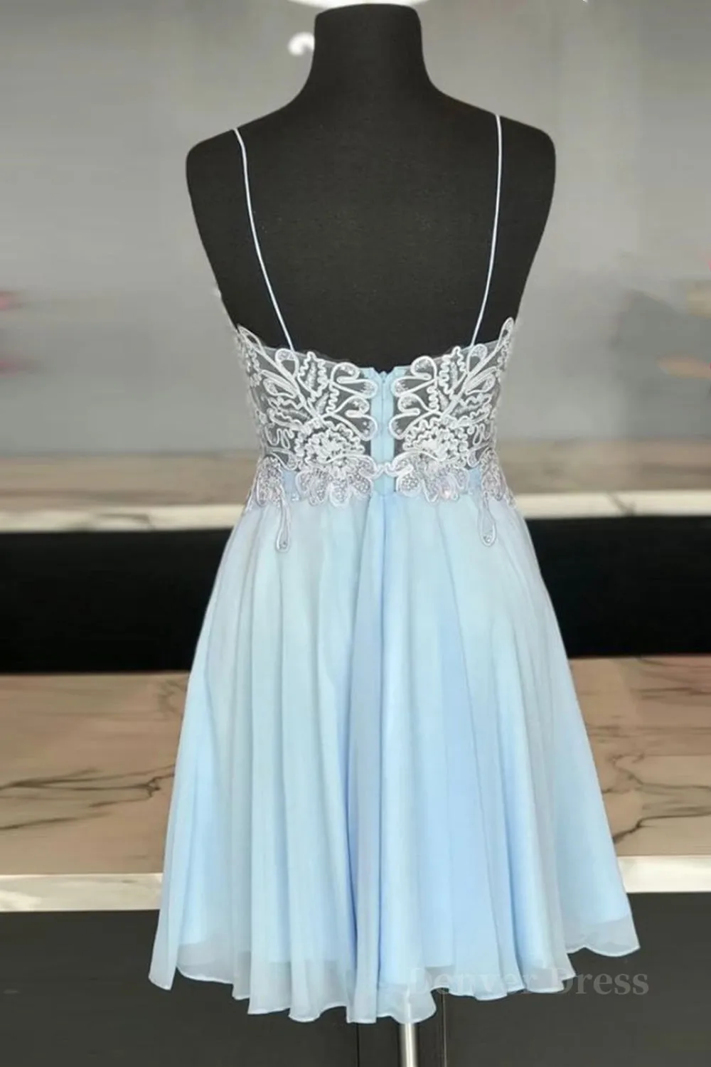 V Neck Open Back Blue Lace Short Prom Dresses Blue Lace Homecoming Dresses Short Blue Formal Evening Dresses