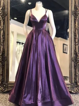 V Neck Purple Satin Long Prom Dresses Purple Formal Graduation Evening Dresses/4307