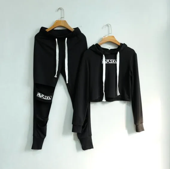 Weekeep 2017 Fashion 2 Piece Set Women Black Crop Top And Pants Suit Sexy Hollow Out Letter Print Casual 2 Pcs Set Tracksuit