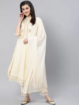 Women Cream Embroidered Flared Kurta With Jacket,Plazo & Dupatta