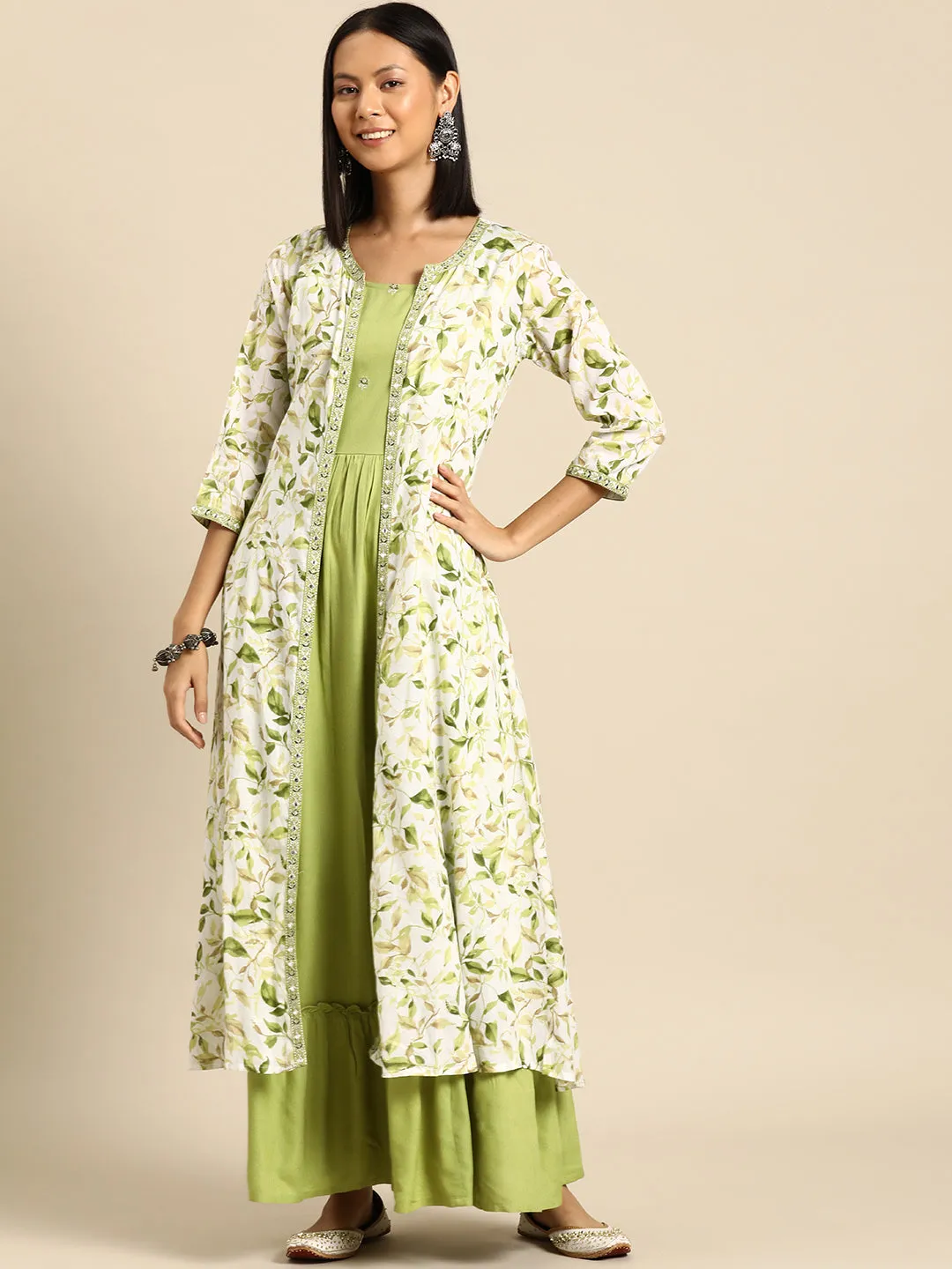 Women Green Embroidered Flared Dress With Prinrted Jacket