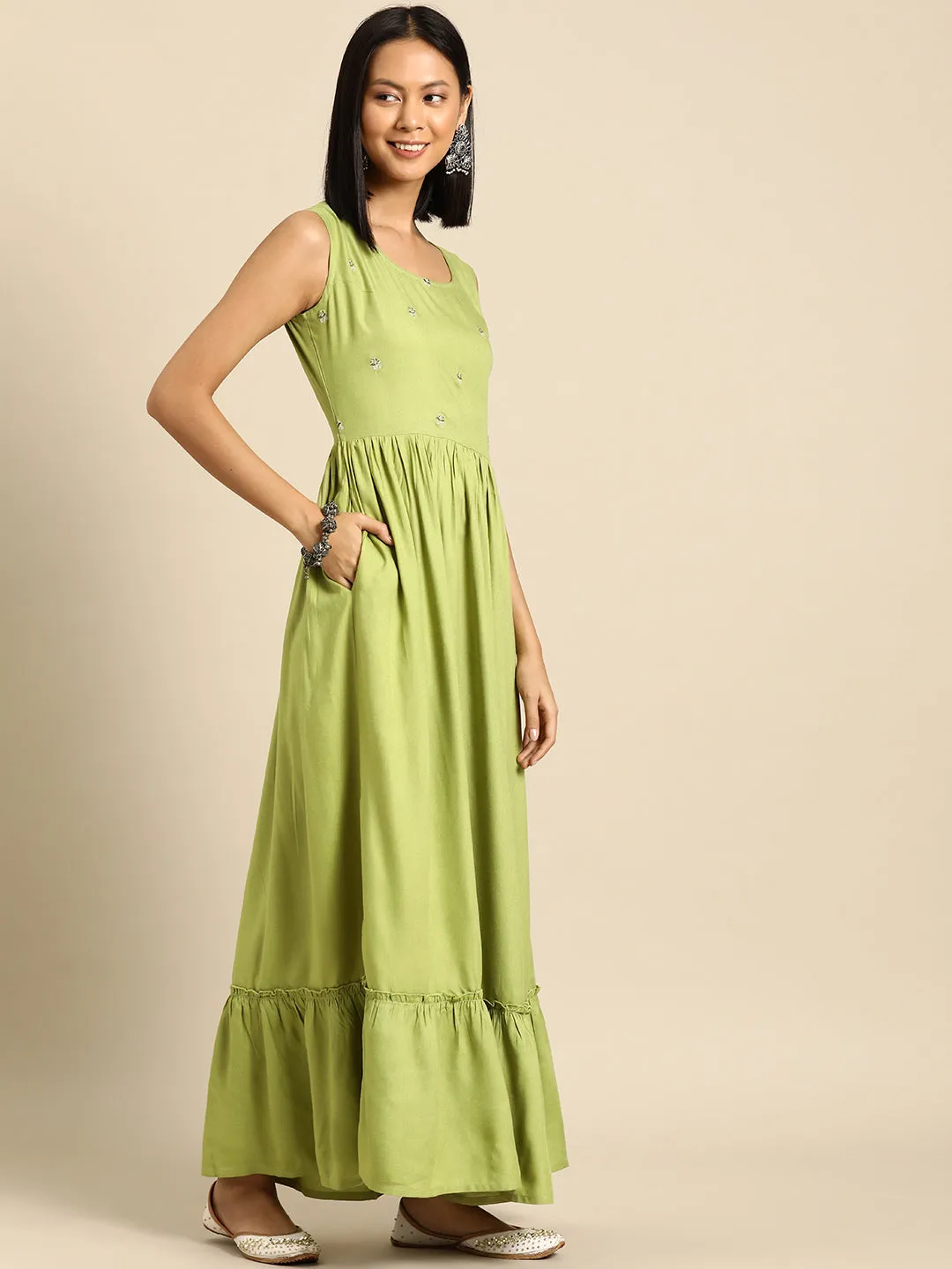 Women Green Embroidered Flared Dress With Prinrted Jacket