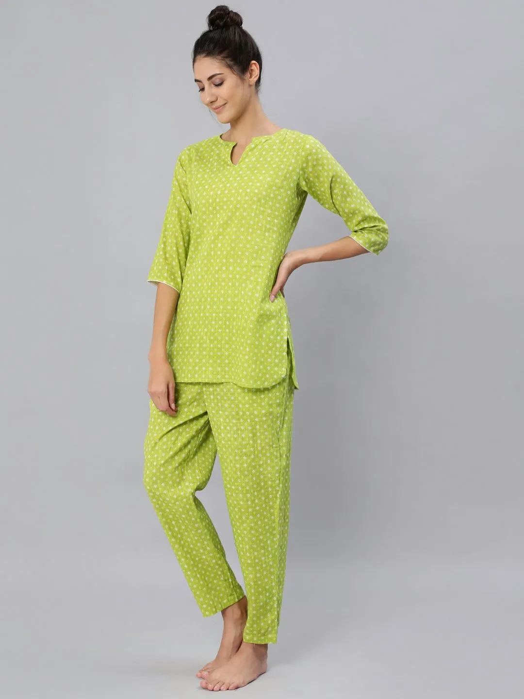 Women Green Printed Night Suit Set