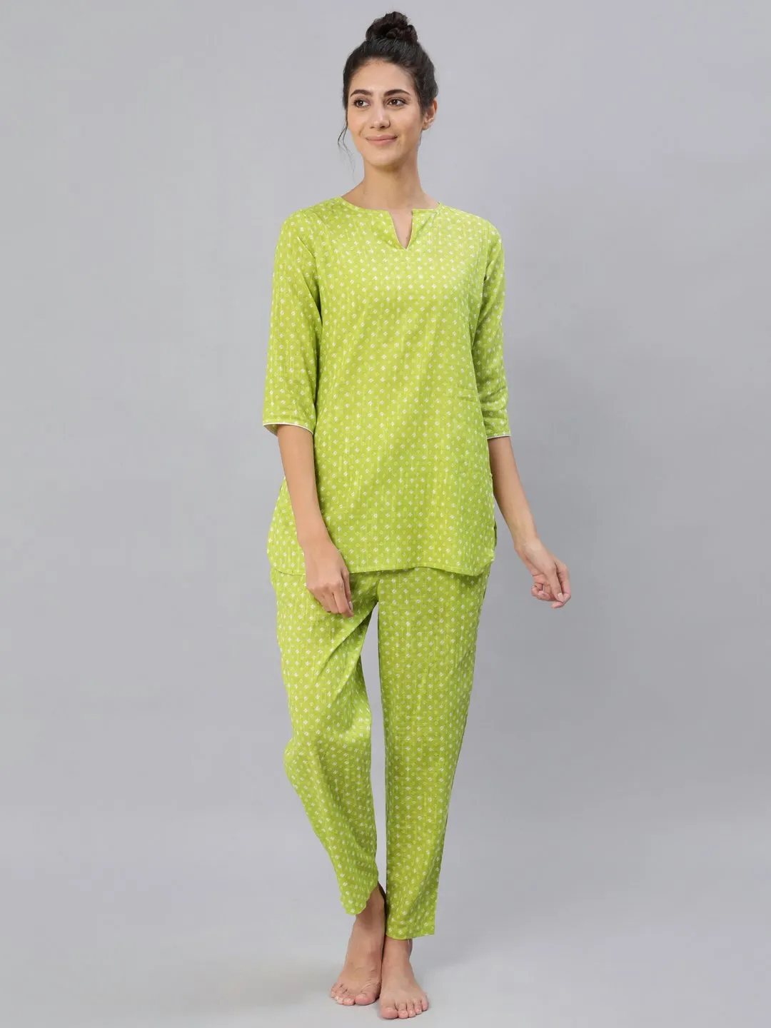 Women Green Printed Night Suit Set